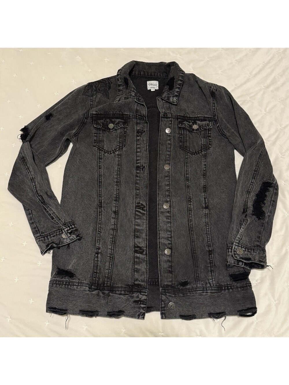 Cello Women's Long Distressed Embroidery Floral Black Denim Jacket Size XS
